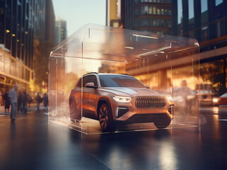  SUV Car in Transparent Container Driven with High-Speed Sync Lighting - Car Insurance Concept - obrazy, fototapety, plakaty