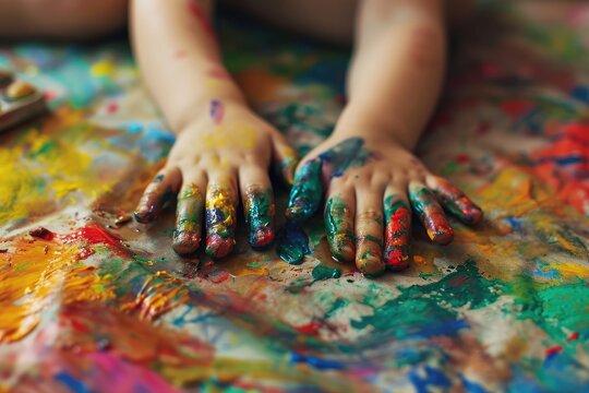 Little hands with multicolored paint for art project