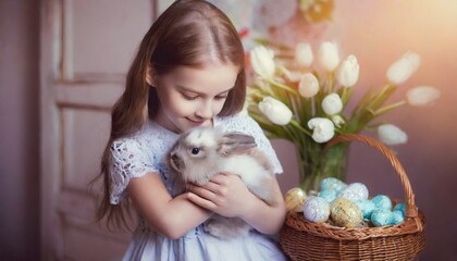 Dziewczynka z króliczkiem, w tle tulipany i pisanki. Portret. Wielkanoc, wiosna - obrazy, fototapety, plakaty
