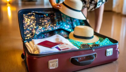 Walizka spakowana na wakacyjny wyjazd. W walizce ubrania, okulary przeciwsłoneczne, kapelusz, na...