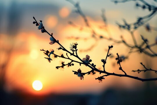 Silhouette of a plum branch against a sunset sky