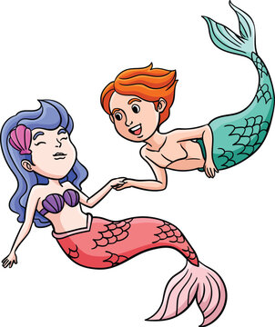 Mermaid and a Merman Cartoon Colored Clipart 