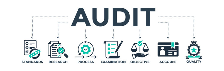 Audit banner web icon concept with icons of standards, research, process, examination, objective, account, and quality. Vector illustration 