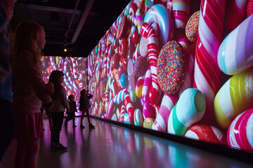 oversized candy visuals on the screen, creating a cinematic photo that transports kids into a whimsical candy wonderland as they watch their favorite movies