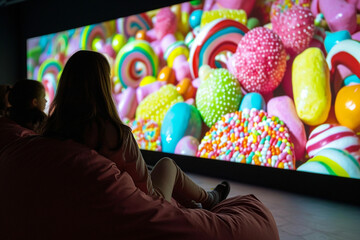 Fototapeta na wymiar oversized candy visuals on the screen, creating a cinematic photo that transports kids into a whimsical candy wonderland as they watch their favorite movies