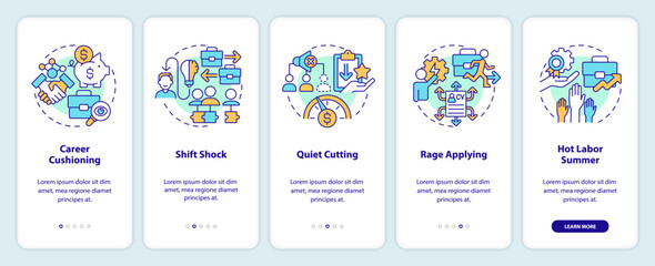 2D icons representing adaptation and career transitions mobile app screen set. Walkthrough 5 steps colorful graphic instructions with thin line icons concept, UI, UX, GUI template.