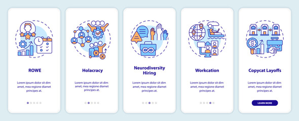 2D icons representing innovative approaches and management strategies mobile app screen set. Walkthrough 5 steps multicolor graphic instructions with linear icons concept, UI, UX, GUI template.