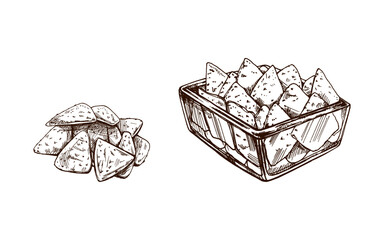 Fototapeta na wymiar Hand-drawn sketches of nachos in a glass bowl and handful of nachos. Vintage drawing. Vector black ink outline food illustration. Mexican food, cuisine. Illustration for the menu. Latin America.