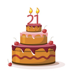Twenty one year anniversary. Vector birthday cake. Holiday cake with candle.  Big chocolate cake. Twenty one  year old. Twenty one party. Big delicius cake. Full  majority.