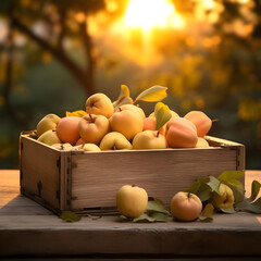 Quince fruit harvested in a wooden box in a field with sunset. Natural organic vegetable abundance. Agriculture, healthy and natural food concept. Square composition.