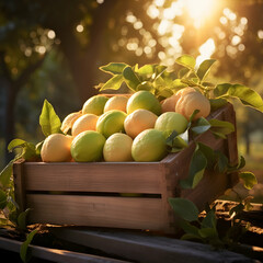 Pomelo harvested in a wooden box with orchard and sunshine in the background. Natural organic fruit abundance. Agriculture, healthy and natural food concept. Square composition.