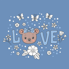 Love slogan text with bear girl face for t-shirt graphics, fashion prints, posters and other uses