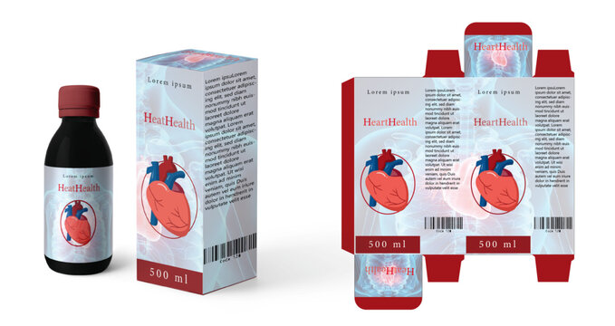 vecter HeartHealth Packagi design branding medical products for treatment of heart  image of cosmetic bottle and box.  Mockup to ads, cover, poster for health and beauty.  