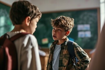 Two boys in a verbal and physical clash in a classroom - obrazy, fototapety, plakaty