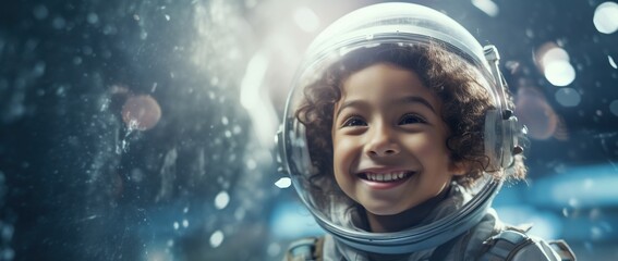Portrait of a cute asian little girl wearing astronaut costume and smiling in space - Powered by Adobe