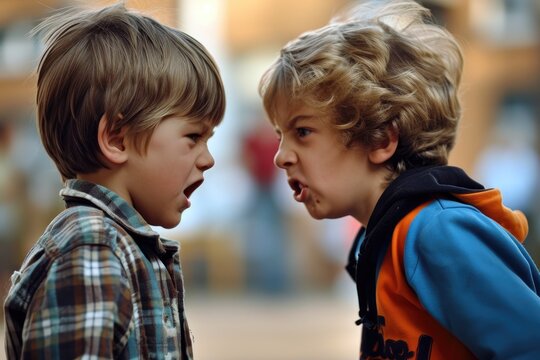 Two young boys in a heated argument in a school setting