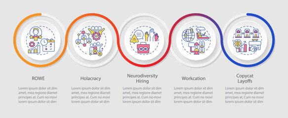 2D workplace trends vector infographics template with colorful linear icons concept, data visualization with 5 steps, process timeline chart.