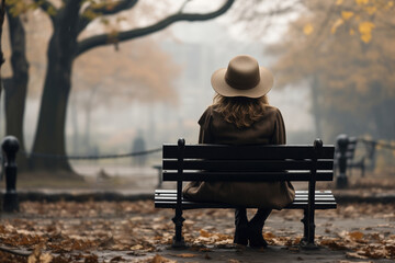 Loneliness epidemic, solo concept. Back view of single young stylish woman in a hat and coat sitting on a bench in an autumn park