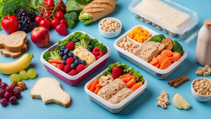 Lunch concept with healthy food products. Vegetables and fruits in lunch boxes