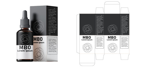 MBO Packaging box design template layout with Box die line,  icon, frames and Design Illustration, Vector design Template image of cosmetic bottle and box.