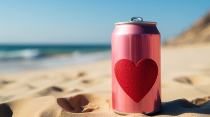 can of pink wine on the beach. Generated in ai - obrazy, fototapety, plakaty