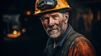 Fototapeta premium A coal mine worker in coveralls and hard hat,