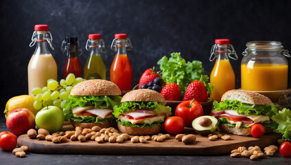 Juicy and tasty burgers with shredded ham and cheese. Beautifully served on a wooden board with vegetables and fruits. Fresh juice in glass jars on background. Breakfast concept