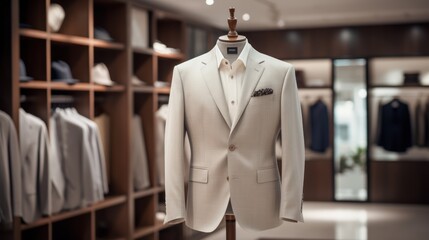 Boutique shop concept, luxurious suits,A finely tailored suit jacket takes pride of place,  - obrazy, fototapety, plakaty