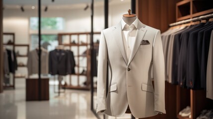 Boutique shop concept, luxurious suits,A finely tailored suit jacket takes pride of place,  - obrazy, fototapety, plakaty