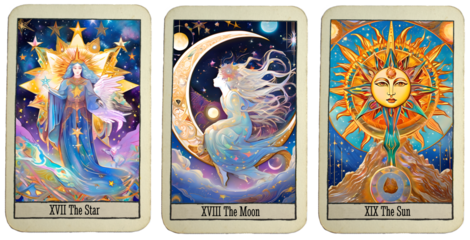 Three Tarot Cards: 17 the star, 18  the moon and 19 the sun