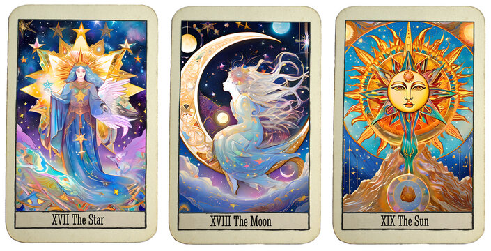 Three Tarot Cards: 17 the star, 18  the moon and 19 the sun