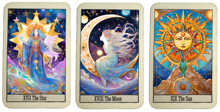 Three Tarot Cards: 17 the star, 18  the moon and 19 the sun