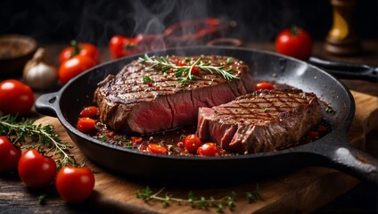 Juicy fried marbled beef steak with tomatoes, thyme, cowberries in a frying pan. Wooden kitchen. A delicious dinner of meat and vegetables. Nutritious food.