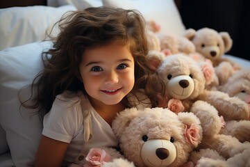 Adorable Baby Smiling on a White Bed Surrounded by Plush Toys in a Brightly Lit Room