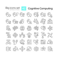 2D editable black big thin line icons set representing cognitive computing, isolated simple vector, linear illustration.