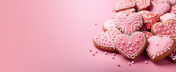 Pink icing on love pastry baked and hand-decorated with love. Heart shaped cookies, Showing romantic emotions with home-made cookies. Card, banner. - obrazy, fototapety, plakaty