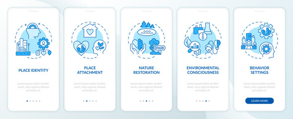 2D icons representing environmental psychology concepts mobile app screen set. Walkthrough 5 steps blue graphic instructions with line icons concept, UI, UX, GUI template. - obrazy, fototapety, plakaty
