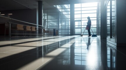 silhouette woman mopping floor in hallway 