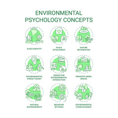 Collection of 2D editable green thin line icons representing environmental psychology, isolated monochromatic vector, linear illustration.