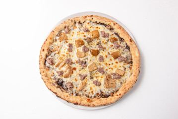 Italian pizza with smoked cheese, mushrooms, sausage and truffle sauce, from above on a white background