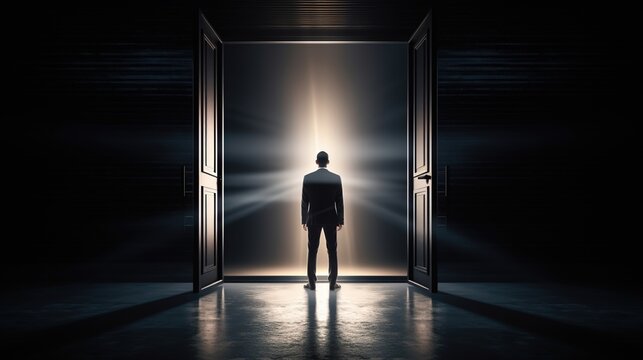 Confident Businessman Standing at Open Bright Light Door. Business man Silhouette Stands in Shiny Open Gate in a dark room. New opportunity and doorways