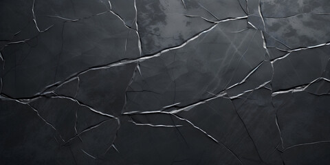 Black grunge banner. Abstract stone wall texture background. Close-up shot with gray veins. Dark rock backdrop with copy space for designs