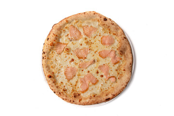 White Italian pizza with mozzarella and salmon from above on a white background