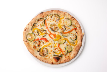 Vegetarian Italian pizza with mozzarella, courgettes and peppers from above on a white background