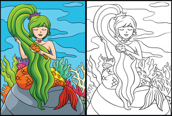 Obraz na płótnie Canvas Mermaid Brushing Hair Coloring Page Illustration