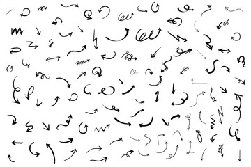 Naklejka premium Charcoal hand drawn doodle curved pencil arrows. Texture design elements of scribble lines. Set of Hand drawn vector arrows. Hand painted crayon check lines. Arrow grunge texture vector set