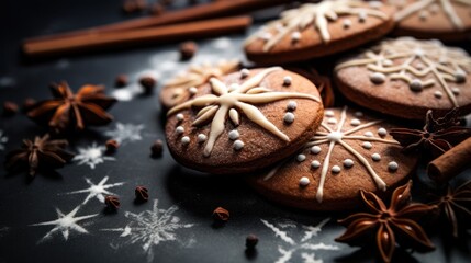 close up of iced gingerbread cookies, cinnamon and star anise 