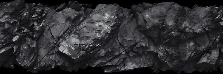 Panoramic black natural bold abstract rock background. Dark stone texture mountain close-up cracked banner ad design copy space