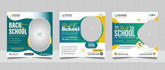 School admission social media post banner, educational social media post square flyer back to school web banner design template.	