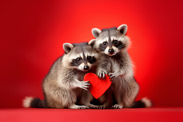 Pair of cute raccoons holding red heart in front of studio background